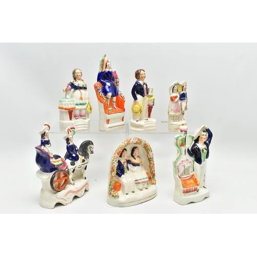 218 - SEVEN VICTORIAN STAFFORDSHIRE POTTERY FIGURES AND GROUPS, comprising a group of Prince of Wales and ... 