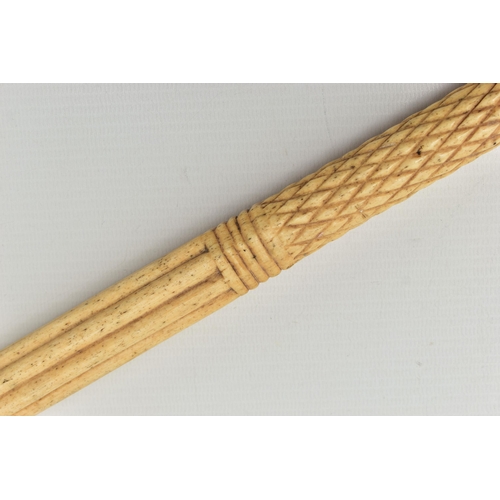 220 - A 19TH CENTURY WHALE BONE WALKING STICK, lacks handle, the single piece shaft with reeded, cross hat... 