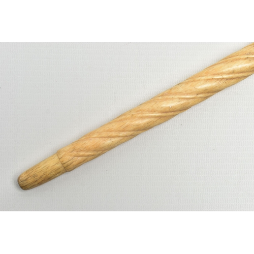 220 - A 19TH CENTURY WHALE BONE WALKING STICK, lacks handle, the single piece shaft with reeded, cross hat... 