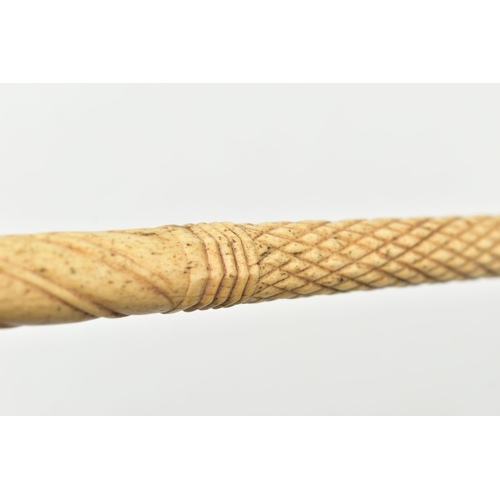 220 - A 19TH CENTURY WHALE BONE WALKING STICK, lacks handle, the single piece shaft with reeded, cross hat... 