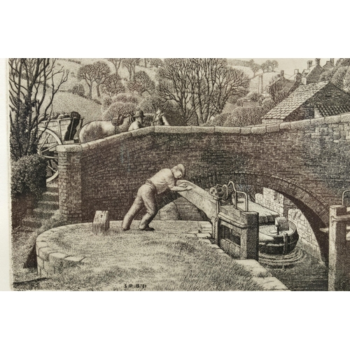 257 - STANLEY ROY BADMIN (BRITISH 1906-1989) 'THE STROUD CANAL', an etching depicting a figure opening a l... 