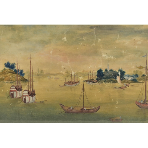 297 - A PAIR OF 19TH CENTURY CHINESE EXPORT PAINTINGS OF RIVER SCENES, possibly Canton region, one with fe... 