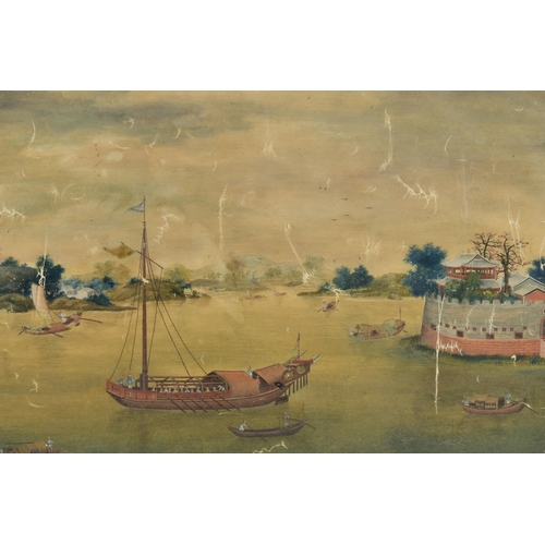 297 - A PAIR OF 19TH CENTURY CHINESE EXPORT PAINTINGS OF RIVER SCENES, possibly Canton region, one with fe... 