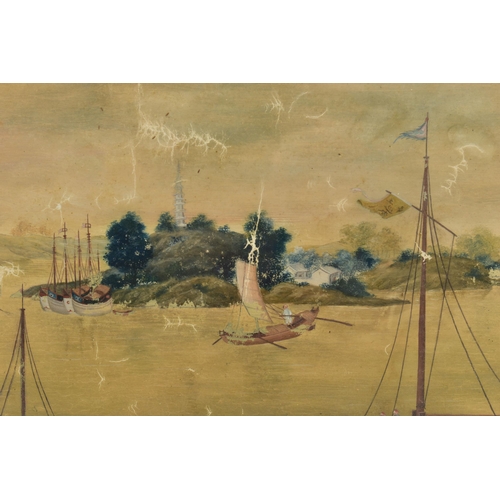 297 - A PAIR OF 19TH CENTURY CHINESE EXPORT PAINTINGS OF RIVER SCENES, possibly Canton region, one with fe... 