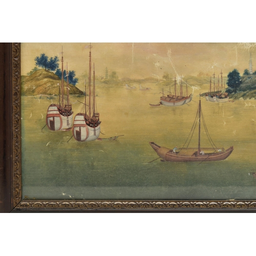 297 - A PAIR OF 19TH CENTURY CHINESE EXPORT PAINTINGS OF RIVER SCENES, possibly Canton region, one with fe... 