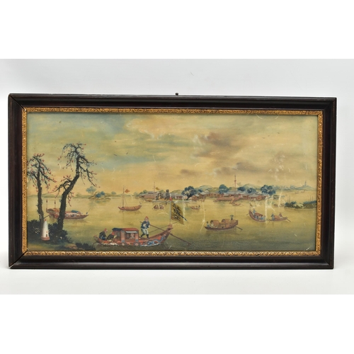 297 - A PAIR OF 19TH CENTURY CHINESE EXPORT PAINTINGS OF RIVER SCENES, possibly Canton region, one with fe... 