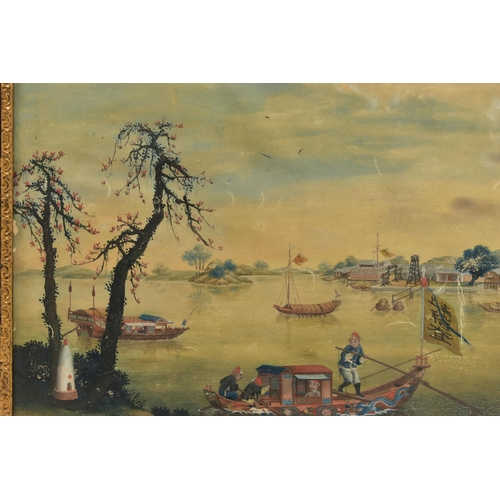 297 - A PAIR OF 19TH CENTURY CHINESE EXPORT PAINTINGS OF RIVER SCENES, possibly Canton region, one with fe... 