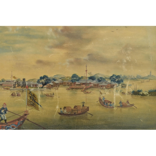 297 - A PAIR OF 19TH CENTURY CHINESE EXPORT PAINTINGS OF RIVER SCENES, possibly Canton region, one with fe... 