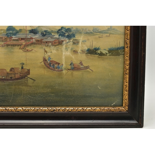 297 - A PAIR OF 19TH CENTURY CHINESE EXPORT PAINTINGS OF RIVER SCENES, possibly Canton region, one with fe... 