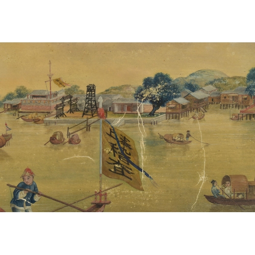 297 - A PAIR OF 19TH CENTURY CHINESE EXPORT PAINTINGS OF RIVER SCENES, possibly Canton region, one with fe... 