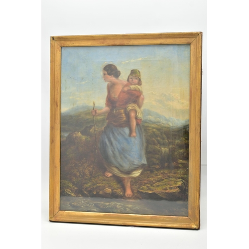 301 - 19TH CENTURY BRITISH SCHOOL, a mother carrying her child across a moorland landscape with hills to t... 