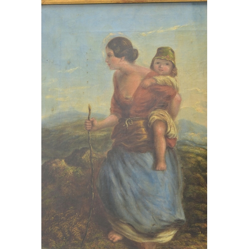 301 - 19TH CENTURY BRITISH SCHOOL, a mother carrying her child across a moorland landscape with hills to t... 