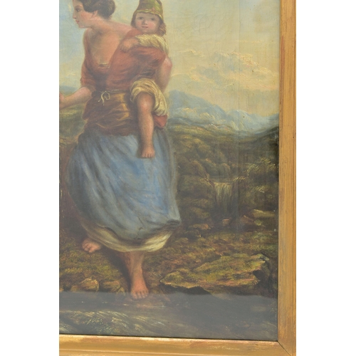 301 - 19TH CENTURY BRITISH SCHOOL, a mother carrying her child across a moorland landscape with hills to t... 