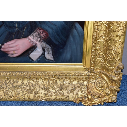 303 - MID 19TH CENTURY ENGLISH SCHOOL, Half-length portrait of a seated lady in an interior, oil on reline... 