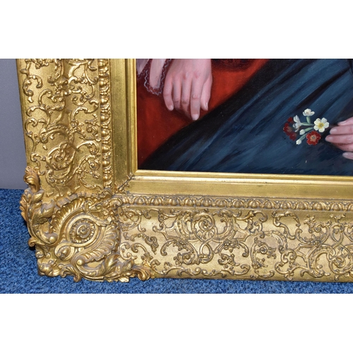 303 - MID 19TH CENTURY ENGLISH SCHOOL, Half-length portrait of a seated lady in an interior, oil on reline... 