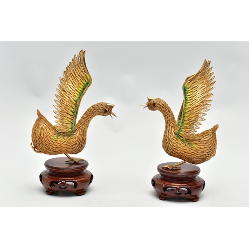 39 - A PAIR OF BOXED SÚHAI CHINESE SILVER GILT AND ENAMEL LIMITED EDITION TONG TING GEESE MOUNTED ON WOOD... 