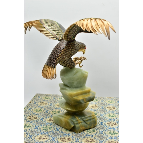 40 - A BOXED SÚHAI CHINESE SILVER GILT AND ENAMEL LIMITED EDITION TONG BAI EAGLE WITH A GREEN HARDSTONE B... 