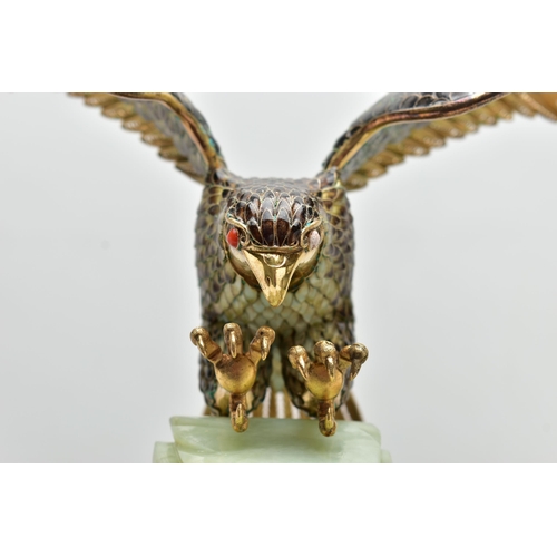 40 - A BOXED SÚHAI CHINESE SILVER GILT AND ENAMEL LIMITED EDITION TONG BAI EAGLE WITH A GREEN HARDSTONE B... 