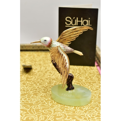 41 - FOUR BOXED SÚHAI CHINESE SILVER GILT AND ENAMEL BIRD FIGURES, comprising a limited edition Peking Pe... 