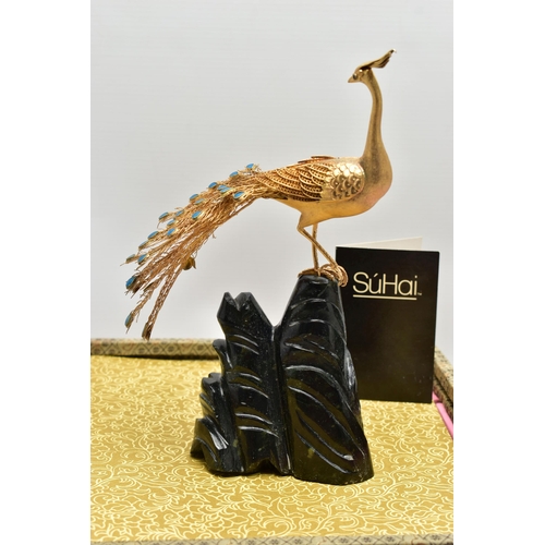 41 - FOUR BOXED SÚHAI CHINESE SILVER GILT AND ENAMEL BIRD FIGURES, comprising a limited edition Peking Pe... 