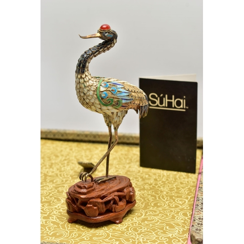 41 - FOUR BOXED SÚHAI CHINESE SILVER GILT AND ENAMEL BIRD FIGURES, comprising a limited edition Peking Pe... 