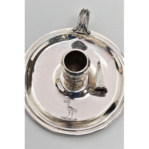 42 - A GEORGE II SILVER CHAMBERSTICK BY GAWEN NASH, scrolled handle with leaf thumbpiece, circular plain ... 