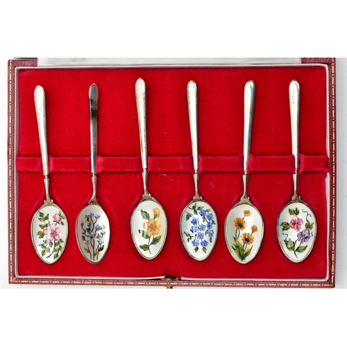 45 - A CASED SET OF SIX ELIZABETH II SILVER AND ENAMEL COFFEE SPOONS, the bowl of each spoon painted with... 