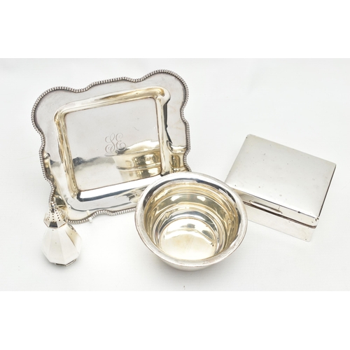 47 - FOUR ITEMS OF 20TH CENTURY SILVER, comprising an American sterling silver shaped square platter, bea... 