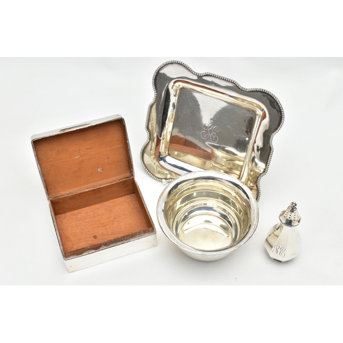 47 - FOUR ITEMS OF 20TH CENTURY SILVER, comprising an American sterling silver shaped square platter, bea... 