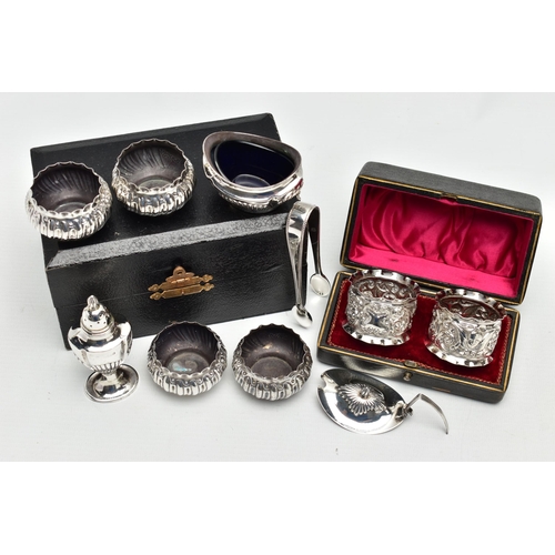 48 - A PARCEL OF LATE VICTORIAN AND 20TH CENTURY SILVER NAPKIN RINGS, SUGAR TONGS AND CRUET ITEMS, compri... 