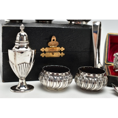 48 - A PARCEL OF LATE VICTORIAN AND 20TH CENTURY SILVER NAPKIN RINGS, SUGAR TONGS AND CRUET ITEMS, compri... 