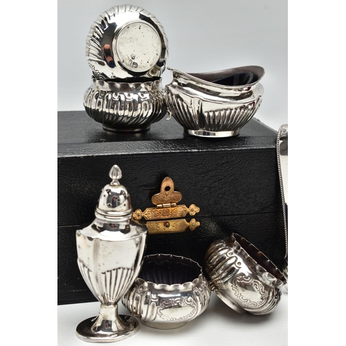 48 - A PARCEL OF LATE VICTORIAN AND 20TH CENTURY SILVER NAPKIN RINGS, SUGAR TONGS AND CRUET ITEMS, compri... 