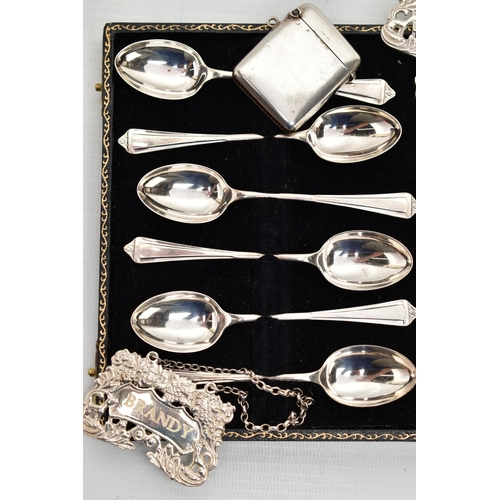 51 - A SMALL PARCEL OF SILVER SPOONS, ETC, comprising a pair of Elizabeth II 'BRANDY' & 'SHERRY' decanter... 