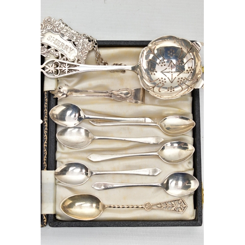 51 - A SMALL PARCEL OF SILVER SPOONS, ETC, comprising a pair of Elizabeth II 'BRANDY' & 'SHERRY' decanter... 