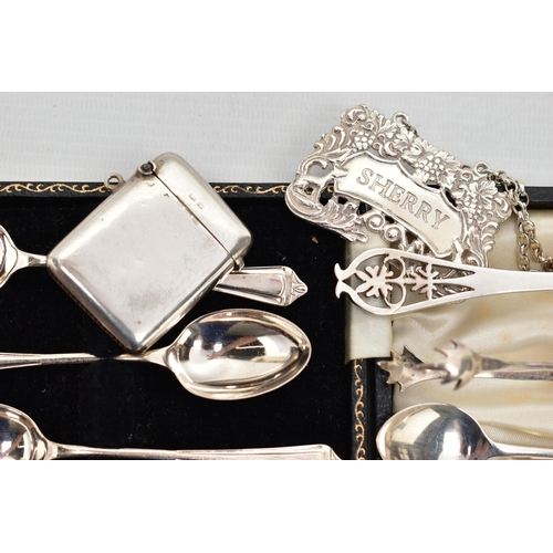 51 - A SMALL PARCEL OF SILVER SPOONS, ETC, comprising a pair of Elizabeth II 'BRANDY' & 'SHERRY' decanter... 