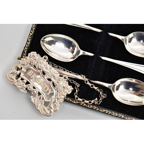 51 - A SMALL PARCEL OF SILVER SPOONS, ETC, comprising a pair of Elizabeth II 'BRANDY' & 'SHERRY' decanter... 