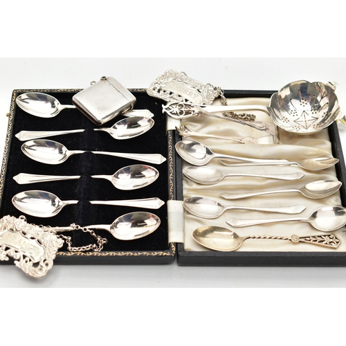 51 - A SMALL PARCEL OF SILVER SPOONS, ETC, comprising a pair of Elizabeth II 'BRANDY' & 'SHERRY' decanter... 