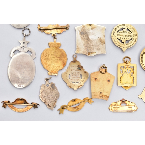 52 - A COLLECTION OF SILVER GILT AND ENAMEL MASONIC MEDALLIONS AND OTHER SIMILAR ITEMS, to include two AE... 