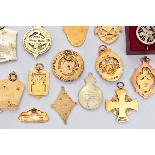 52 - A COLLECTION OF SILVER GILT AND ENAMEL MASONIC MEDALLIONS AND OTHER SIMILAR ITEMS, to include two AE... 