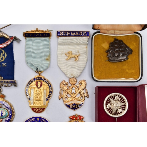 52 - A COLLECTION OF SILVER GILT AND ENAMEL MASONIC MEDALLIONS AND OTHER SIMILAR ITEMS, to include two AE... 