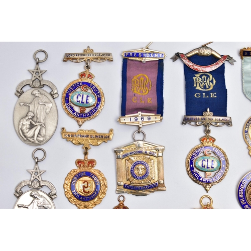 52 - A COLLECTION OF SILVER GILT AND ENAMEL MASONIC MEDALLIONS AND OTHER SIMILAR ITEMS, to include two AE... 