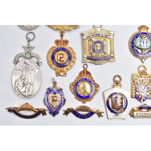 52 - A COLLECTION OF SILVER GILT AND ENAMEL MASONIC MEDALLIONS AND OTHER SIMILAR ITEMS, to include two AE... 