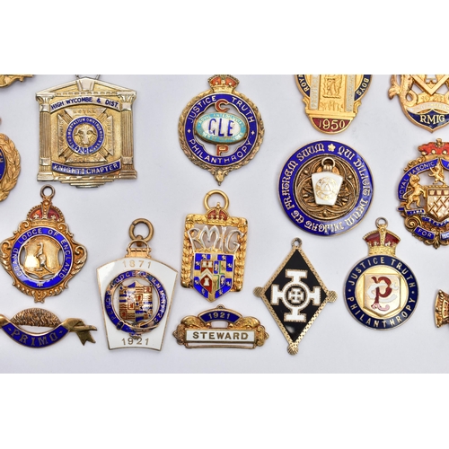 52 - A COLLECTION OF SILVER GILT AND ENAMEL MASONIC MEDALLIONS AND OTHER SIMILAR ITEMS, to include two AE... 