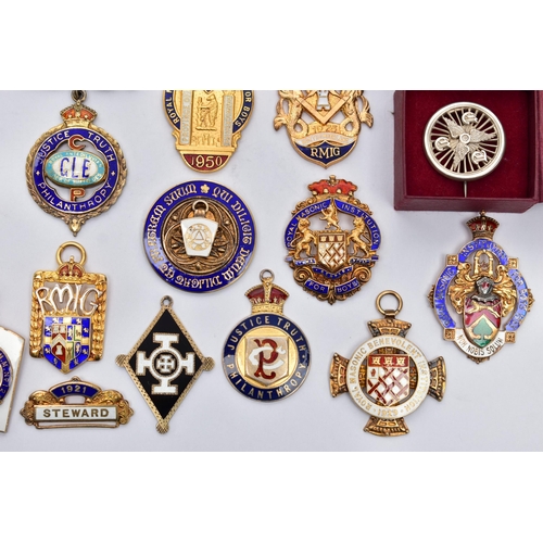 52 - A COLLECTION OF SILVER GILT AND ENAMEL MASONIC MEDALLIONS AND OTHER SIMILAR ITEMS, to include two AE... 