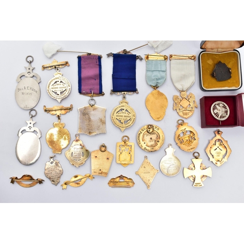 52 - A COLLECTION OF SILVER GILT AND ENAMEL MASONIC MEDALLIONS AND OTHER SIMILAR ITEMS, to include two AE... 