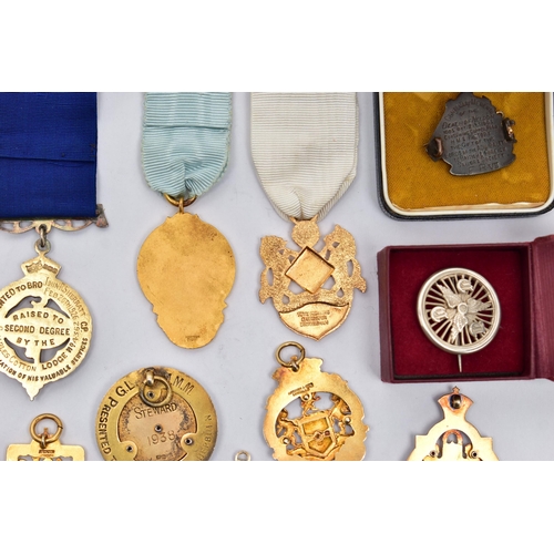 52 - A COLLECTION OF SILVER GILT AND ENAMEL MASONIC MEDALLIONS AND OTHER SIMILAR ITEMS, to include two AE... 