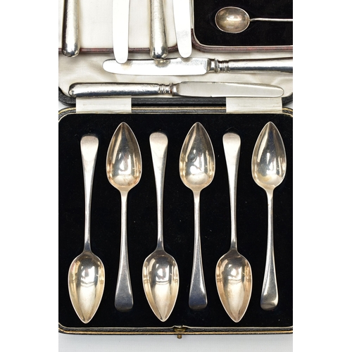 55 - A PARCEL OF CASED AND LOOSE SILVER AND SILVER HANDLED CUTLERY AND FLATWARE, comprising a cased set o... 