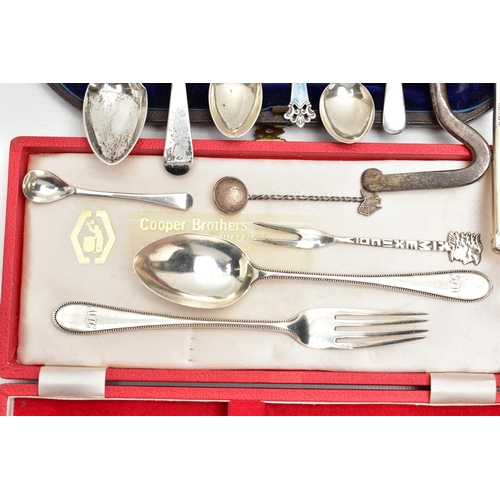 57 - A PARCEL OF CASED AND LOOSE SILVER, including a pair of Edwardian steel boot pulls with silver handl... 