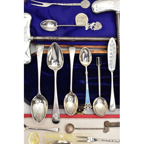 57 - A PARCEL OF CASED AND LOOSE SILVER, including a pair of Edwardian steel boot pulls with silver handl... 