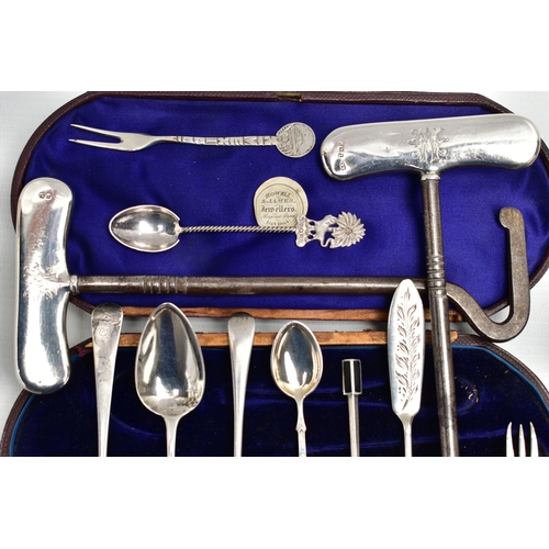 57 - A PARCEL OF CASED AND LOOSE SILVER, including a pair of Edwardian steel boot pulls with silver handl... 